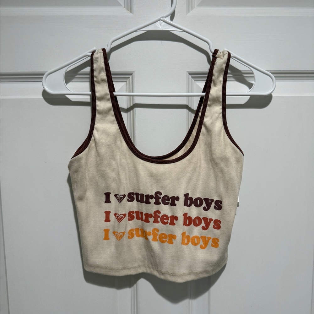 Roxy Cream Ribbed Tank Top with Brown Trim and Multicolor Print